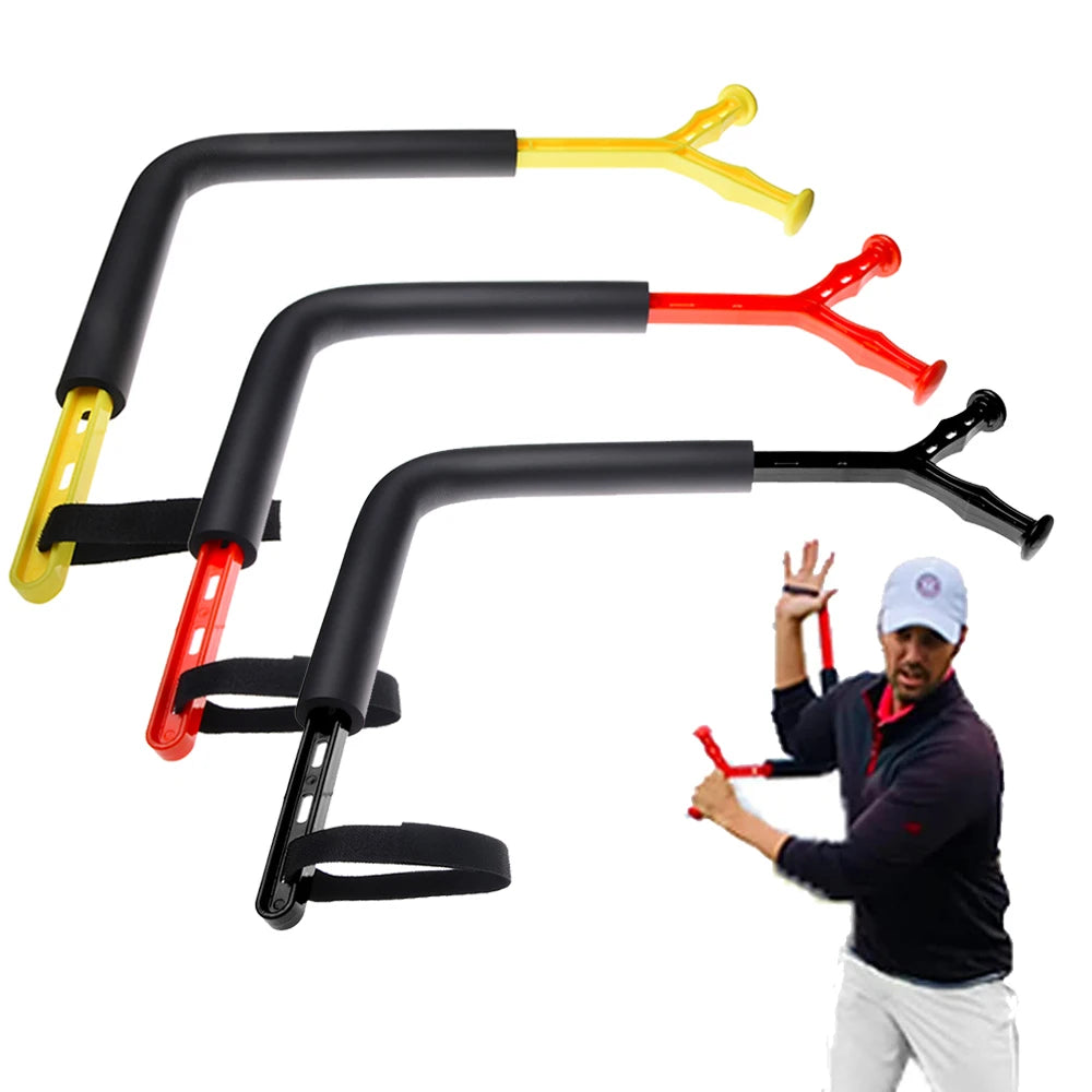 Golf swing trainer posture and swing training aid in use