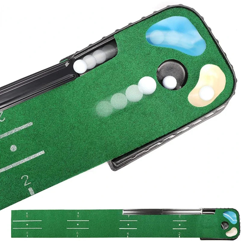 Indoor golf putting mat with automatic ball return